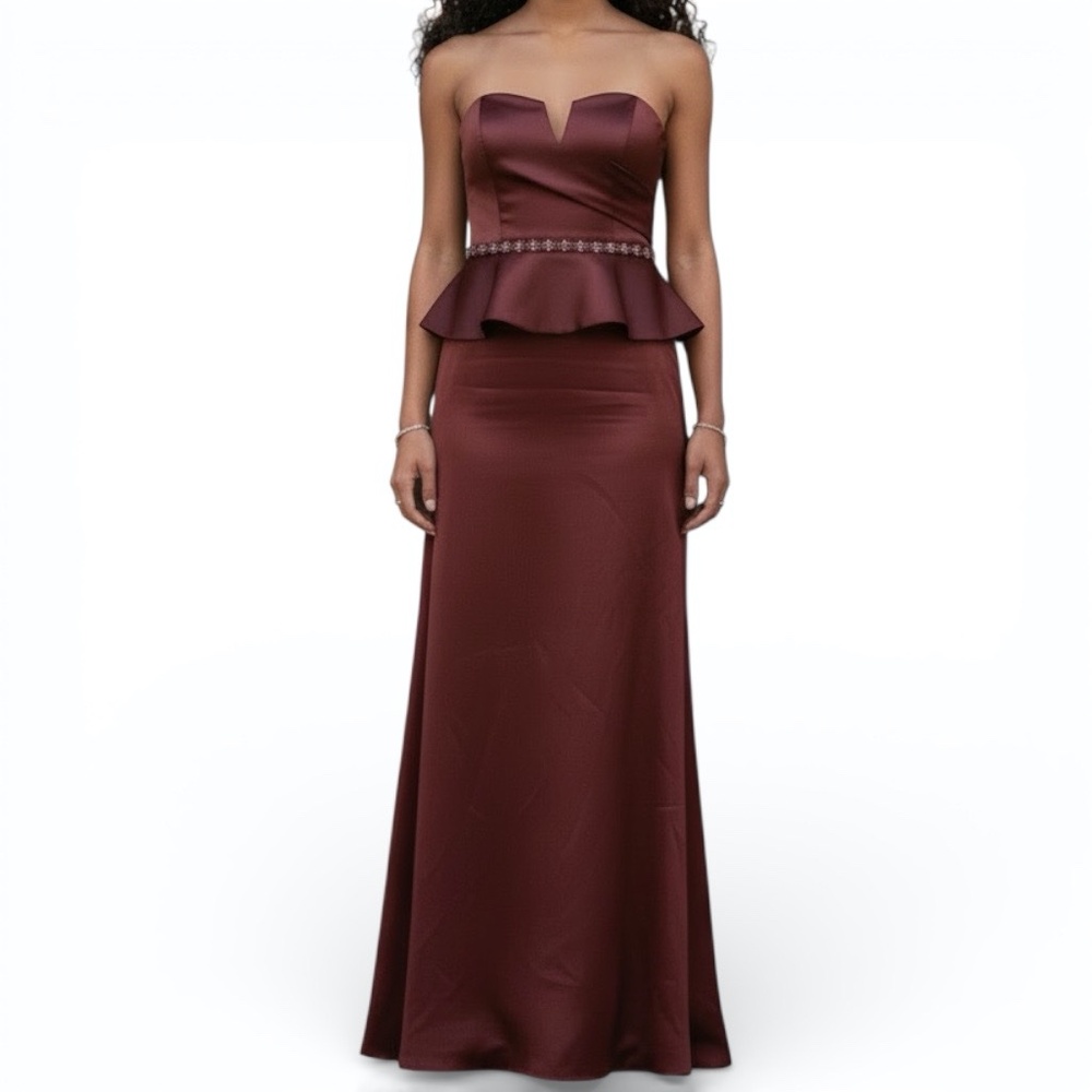 Forever Yours Peplum Satin Strapless Formal Gown - Wine - Size 6
